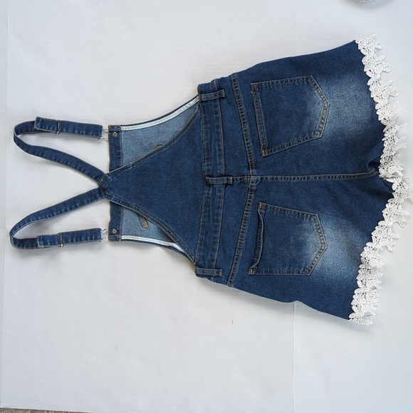 Distressed Embroidered Floral Jean Short Overalls M Blue Y2K Shortalls - Picture 10 of 14